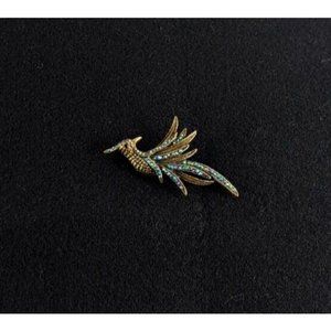 Vintage Bird Of Paradise Brooch Pendant Bronze Tone Blue Aurora Rhinestones 3"